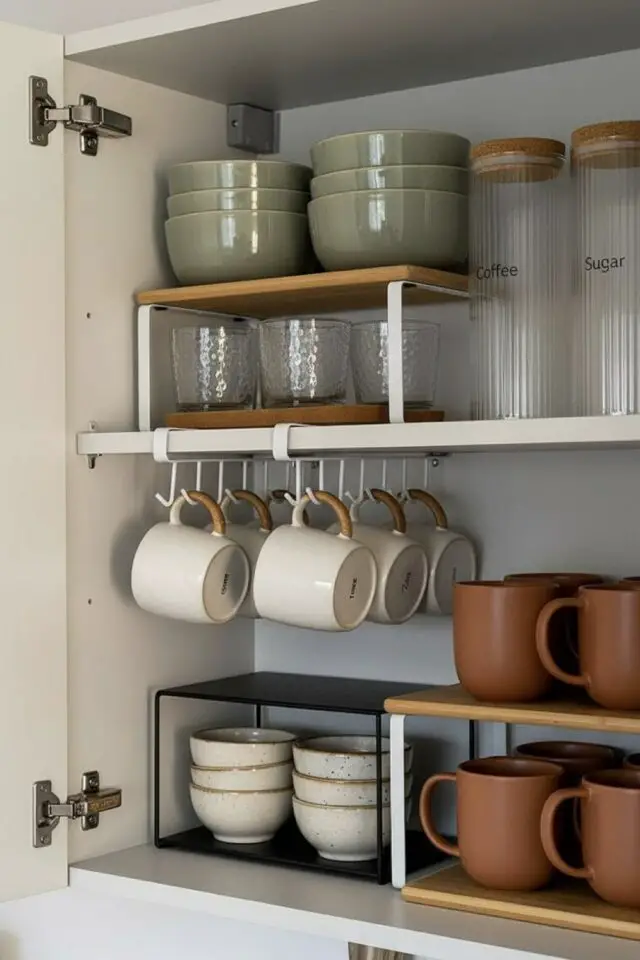 placard de cuisine organisé facilement gain de place Étagères de rangement empilables métal blanc et bois placard de cuisine organisé facilement gain de place Étagères de rangement empilables métal blanc et bois
