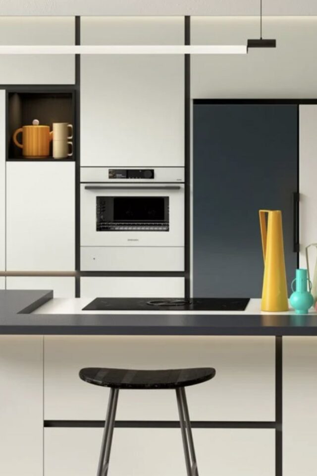 inspiration cuisine moderne couleur tendance 2026 blanc effet graphique liseré noir îlot central inspiration cuisine moderne couleur tendance 2026 blanc effet graphique liseré noir îlot central