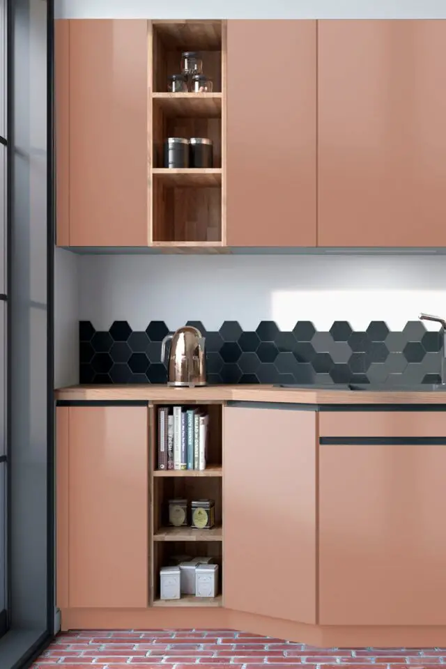 cuisine moderne et tendance façade épurée dosseret noir carrelage hexagonal meuble épuré coloris terracotta cuisine moderne et tendance façade épurée dosseret noir carrelage hexagonal meuble épuré coloris terracotta