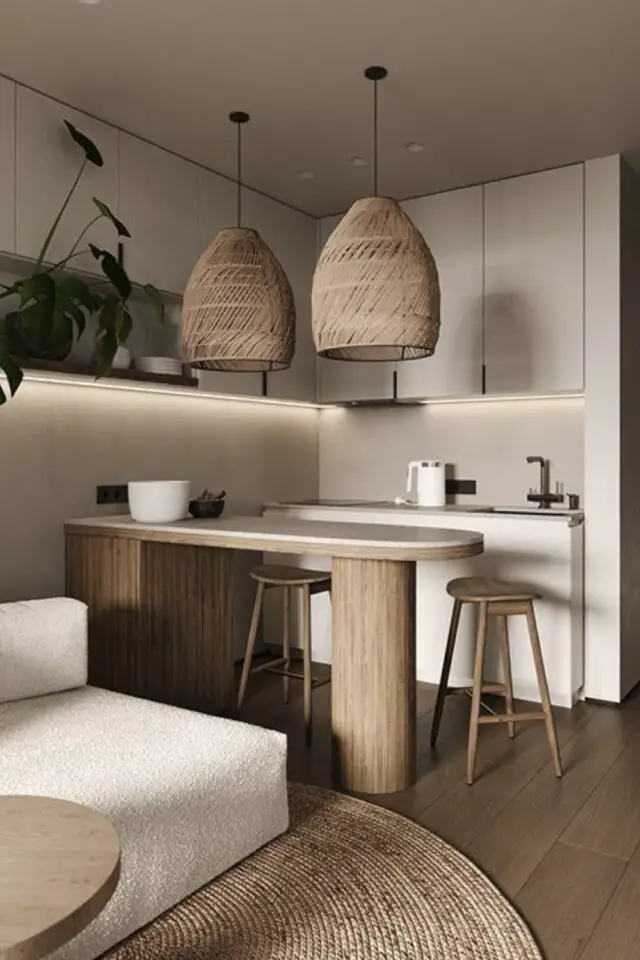 décoration appartement cuisine ouverte sur le salon petit îlot moderne suspension fibres tressées ambiance moderne et chaleureuse décoration appartement cuisine ouverte sur le salon petit îlot moderne suspension fibres tressées ambiance moderne et chaleureuse