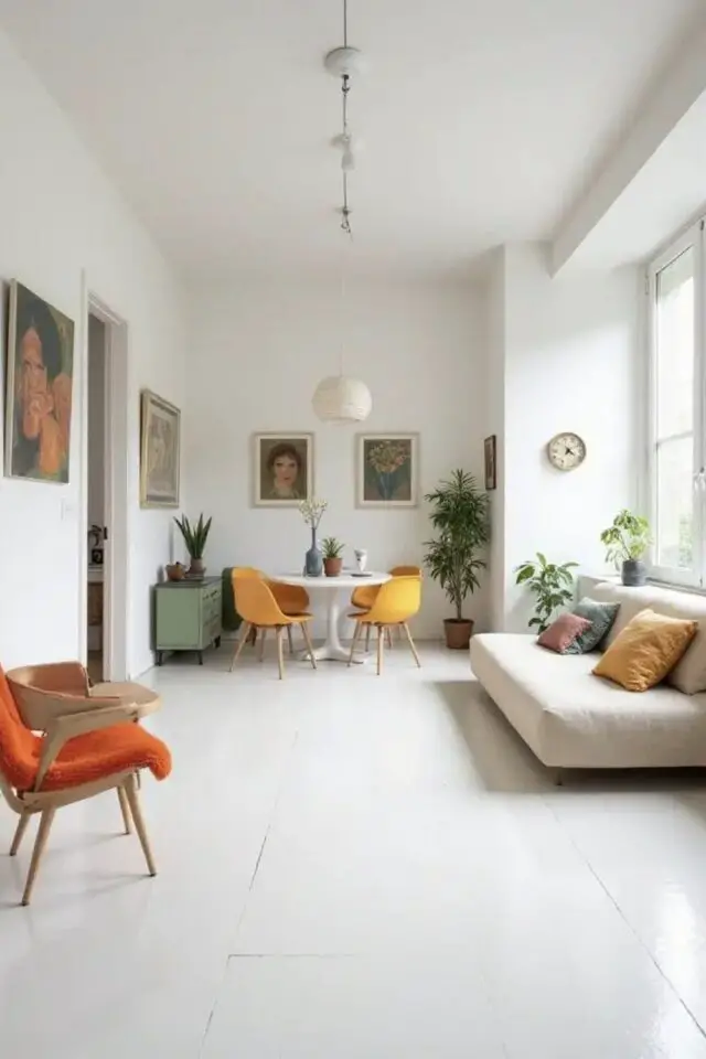 salon en longueur appartement sol murs et plafond blancs touche de couleur chaises vintage jaune meuble d'appoint vert coussins canapé et fauteuil salon en longueur appartement sol murs et plafond blancs touche de couleur chaises vintage jaune meuble d'appoint vert coussins canapé et fauteuil