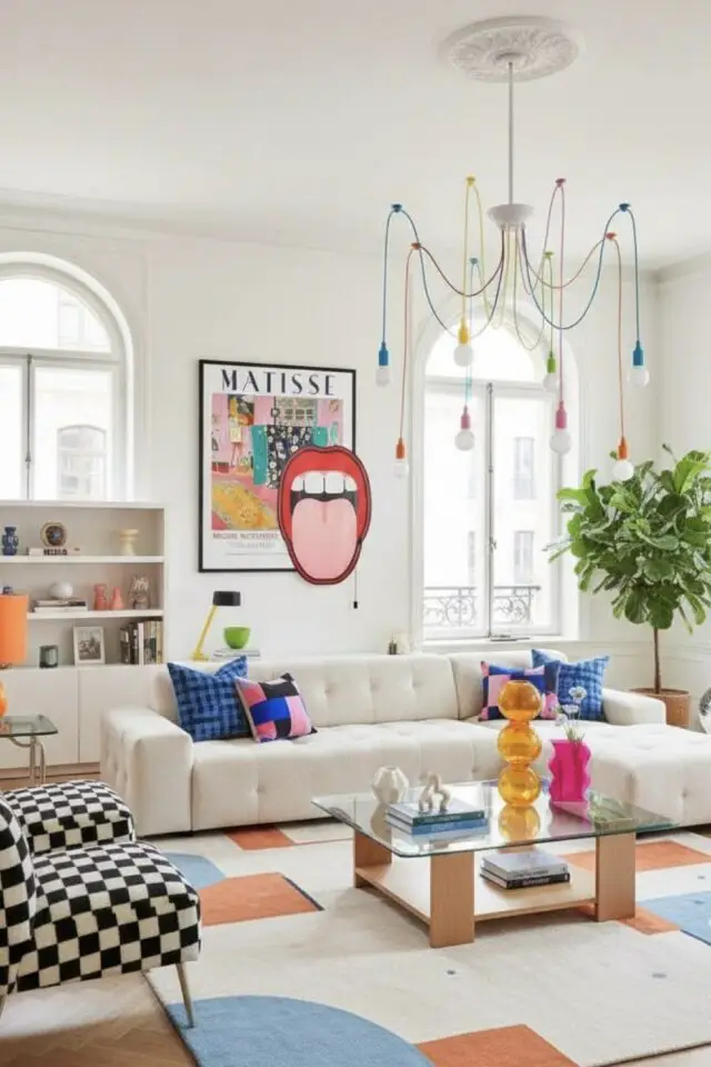 intérieur appartement blanc idée dopamine décor touches de couleurs ludiques et artistiques déco murale tapis suspension au plafond design intérieur appartement blanc idée dopamine décor touches de couleurs ludiques et artistiques déco murale tapis suspension au plafond design