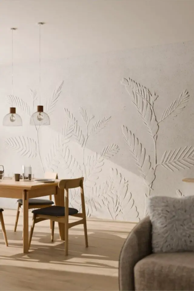 réchauffer une salle à manger blanche jeu de texture papier peint en volume ton sur ton motif feuillage tropical réchauffer une salle à manger blanche jeu de texture papier peint en volume ton sur ton motif feuillage tropical