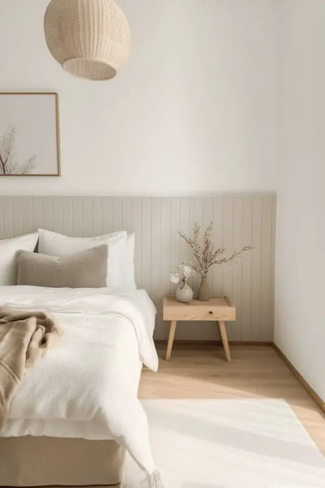 chambre adulte à dominante blanche effet de texture lambris en soubassement velours plaid ambiance naturelle et chaleureuse chambre adulte à dominante blanche effet de texture lambris en soubassement velours plaid ambiance naturelle et chaleureuse