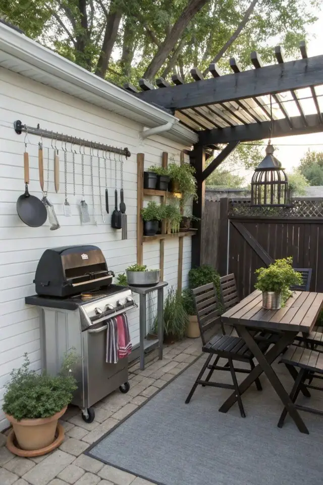 patio aménagement extérieur petite table espace barbecue avec ustensiles suspendus simple et pratique patio aménagement extérieur petite table espace barbecue avec ustensiles suspendus simple et pratique