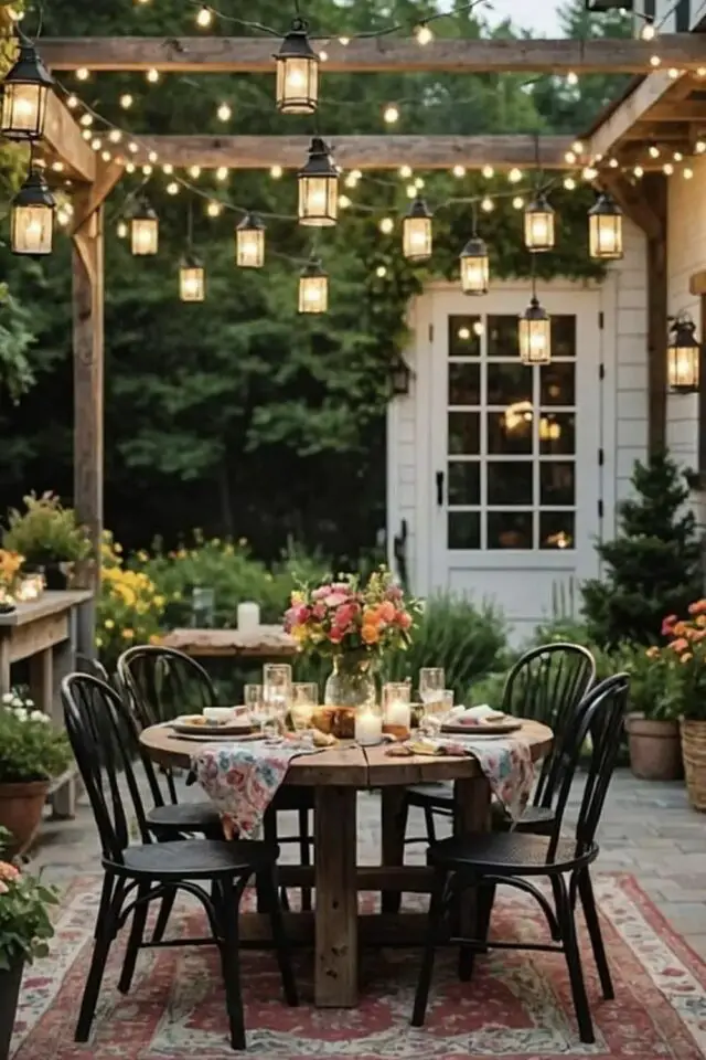 petit coin repas extérieur table ronde sous une pergola en bois éclairage lanternes suspendues et guirlandes lumineuses pots de fleurs ambiance conviviale et estivale petit coin repas extérieur table ronde sous une pergola en bois éclairage lanternes suspendues et guirlandes lumineuses pots de fleurs ambiance conviviale et estivale