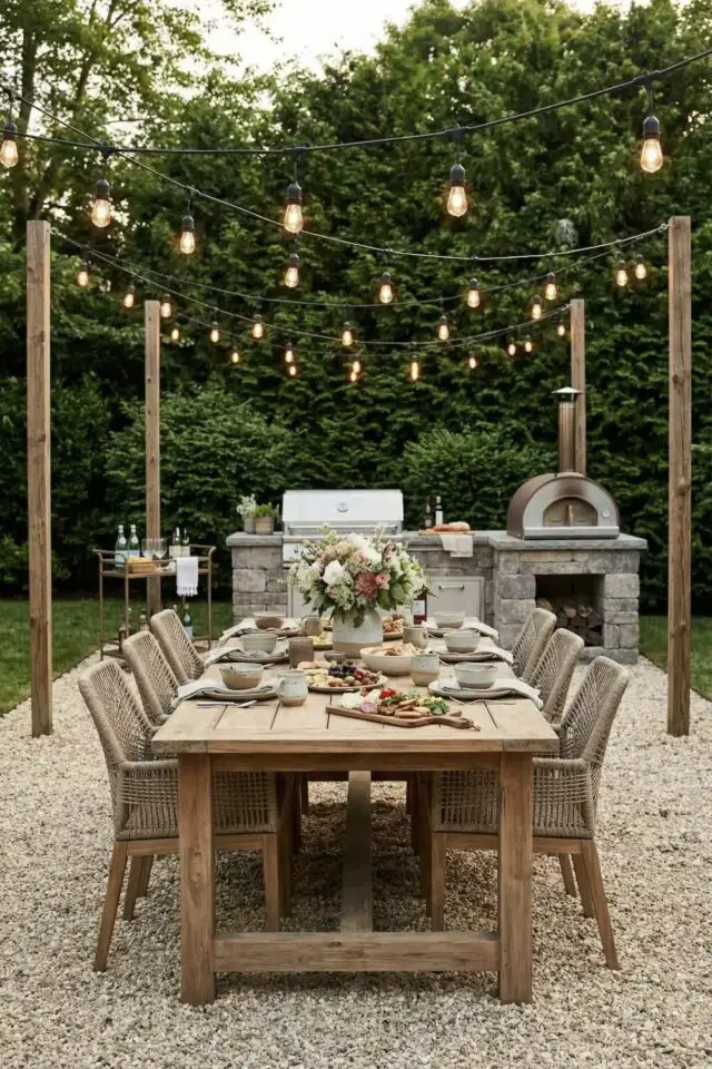 jardin terrasse convivial et accueillant avec table en bois et espace cuisine extérieur barbecue four à pizza éclairage guirlandes extérieures jardin terrasse convivial et accueillant avec table en bois et espace cuisine extérieur barbecue four à pizza éclairage guirlandes extérieures