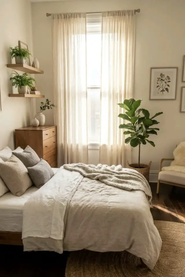 Déco petite chambre adulte cocooning voilage clair étagère et commode en bois couleur mur blanc chaleureux linge de lit cosy 