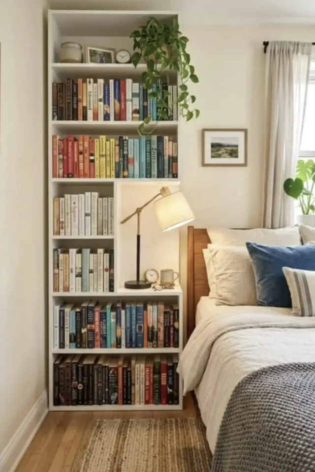 aménagement simple petite chambre à coucher adulte meuble bibliothèque malin table de chevet  