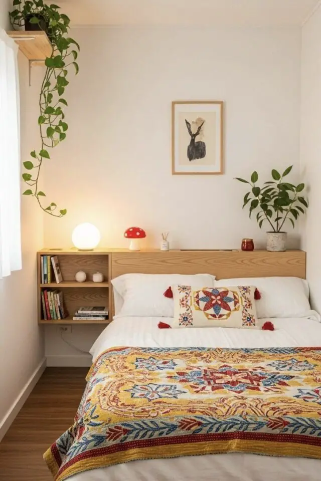 aménagement déco petite chambre parentale tête de lit bois avec rangement plante linge de lit coloré 