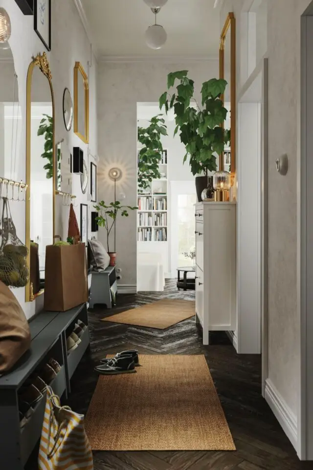 couloir entrée appartement meuble IKEA pratique banc rangement chaussures et meubles déco murale éclectique avec miroir couloir entrée appartement meuble IKEA pratique banc rangement chaussures et meubles déco murale éclectique avec miroir