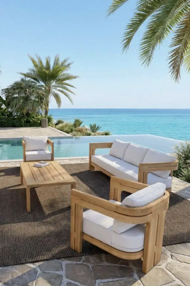 Beau salon de jardin design en bois 8 places fauteuil et canapé arrondi esthétique élégante coussin confortable Beau salon de jardin design en bois 8 places fauteuil et canapé arrondi esthétique élégante coussin confortable