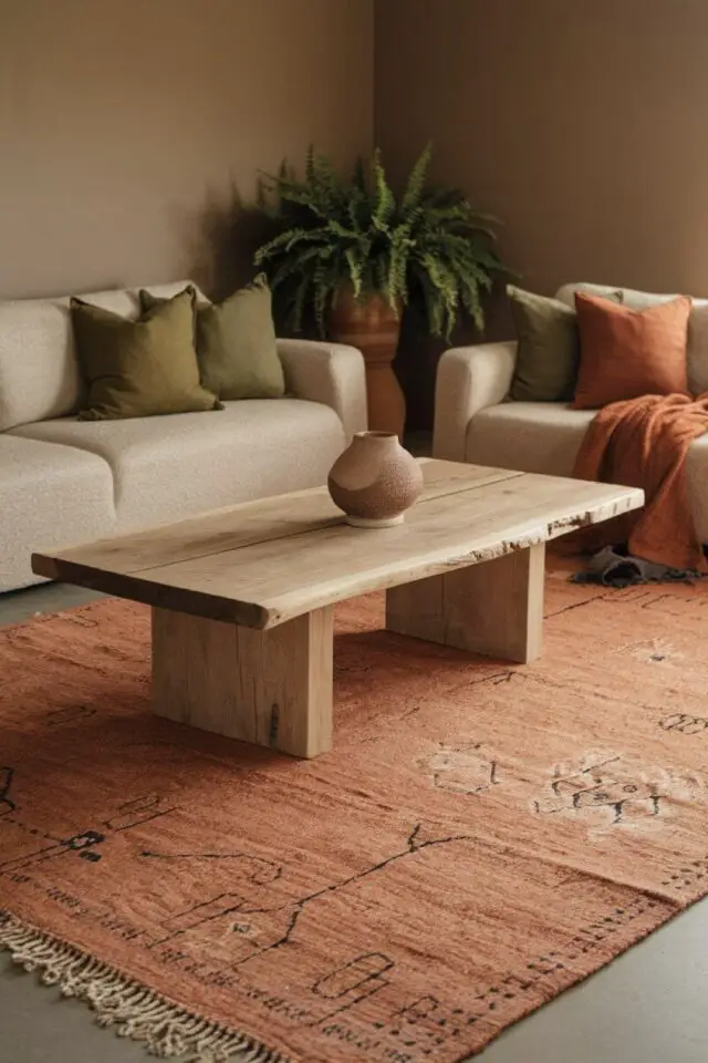 tapis salon coloré tissage simple en coton ambiance bohème earthy table en bois canapé beige tapis salon coloré tissage simple en coton ambiance bohème earthy table en bois canapé beige
