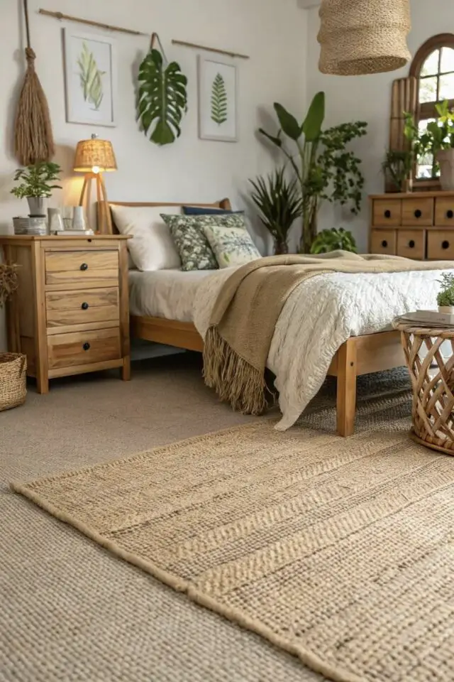 Tapis de chambre adulte conseil entretien fibres naturelles ambiance moderne et nature lit et meuble en bois mur blanc plantes vertes Tapis de chambre adulte conseil entretien fibres naturelles ambiance moderne et nature lit et meuble en bois mur blanc plantes vertes