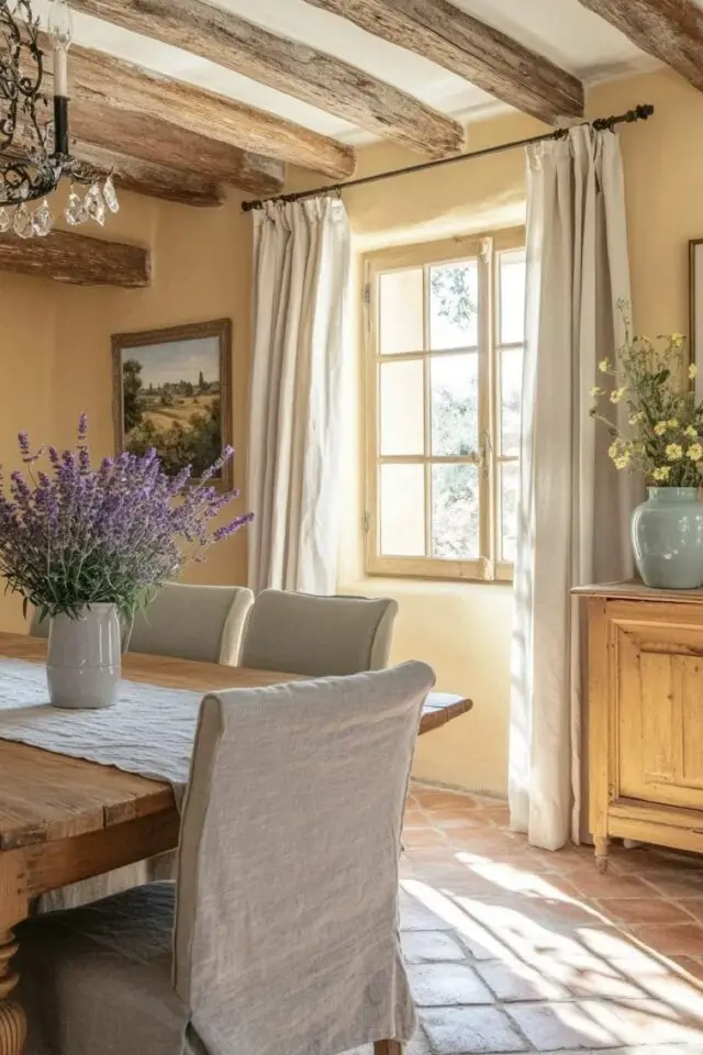 salle à manger décorée style méditerranéen provençale idée simple poutres au plafond mur uni jaune beurre buffet ancien table rectangulaire avec chaise et housse en tissus rideaux lâches salle à manger décorée style méditerranéen provençale idée simple poutres au plafond mur uni jaune beurre buffet ancien table rectangulaire avec chaise et housse en tissus rideaux lâches