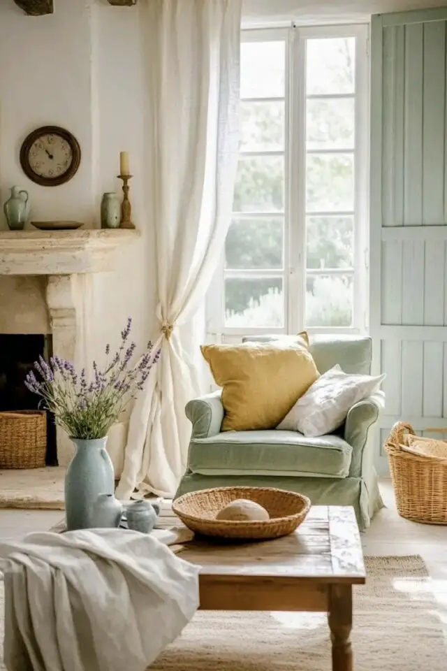 salon belle demeure provençale grande fenêtre volet peint en vert sauge clair cheminée ancienne en pierre fauteuil coloré avec coussin jaune rideau blanc table basse en bois salon belle demeure provençale grande fenêtre volet peint en vert sauge clair cheminée ancienne en pierre fauteuil coloré avec coussin jaune rideau blanc table basse en bois