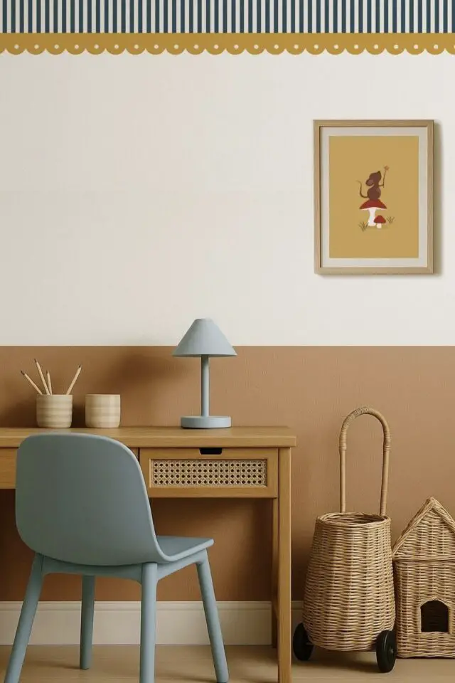 déco murale chambre enfant mixte soubassement peinture terracotta frise autocollante tendance près du plafond rayures déco murale chambre enfant mixte soubassement peinture terracotta frise autocollante tendance près du plafond rayures