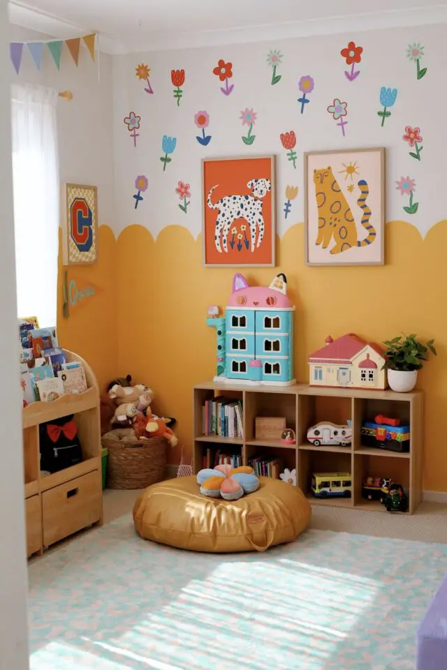 décor mural chambre enfant fille tendance soubassement ludique cannelé jaune peinture stickers petite fleurs affiches illustrations encadrées décor mural chambre enfant fille tendance soubassement ludique cannelé jaune peinture stickers petite fleurs affiches illustrations encadrées