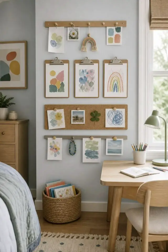 déco murale chambre d'enfant à faire soi-même idée facile et tendance patères porte-document en bois planche de liège pour accrocher les dessins déco murale chambre d'enfant à faire soi-même idée facile et tendance patères porte-document en bois planche de liège pour accrocher les dessins