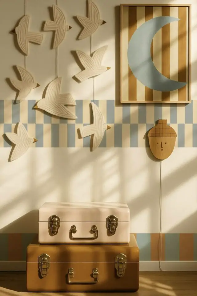 chambre bébé décoration murale tendance oiseaux à suspendre en feutrine frise bleue et blanche rayée affiche déco simple lune chambre bébé décoration murale tendance oiseaux à suspendre en feutrine frise bleue et blanche rayée affiche déco simple lune
