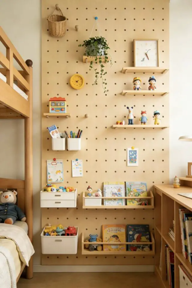 pegboard en bois déco mur chambre enfant idée facile à copier étagères pot à crayon inspiration ludique pegboard en bois déco mur chambre enfant idée facile à copier étagères pot à crayon inspiration ludique