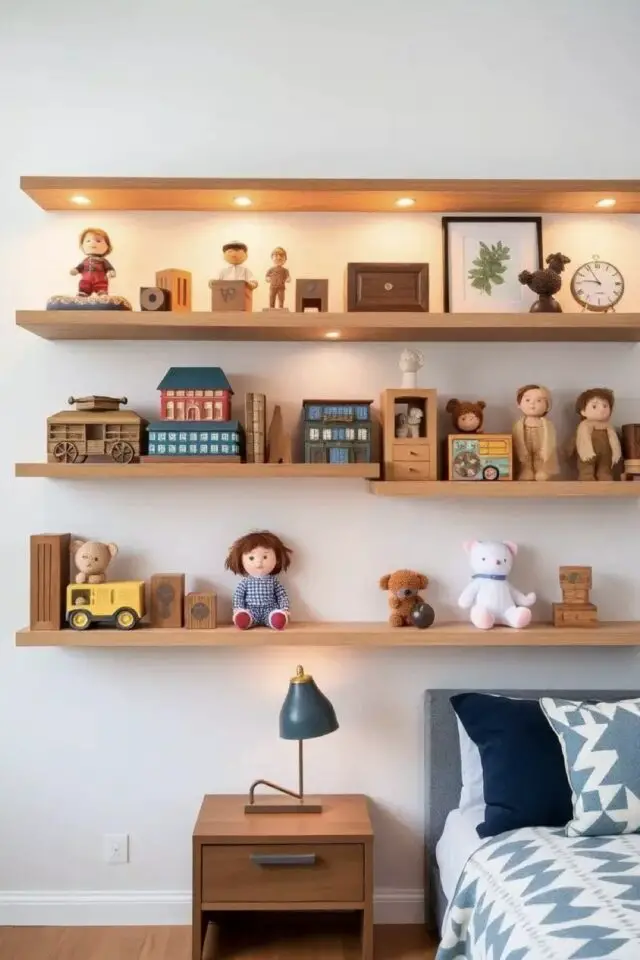 chambre enfant blanche déco murale chaleureuse étagère en bois avec éclairage rangement jouet chambre enfant blanche déco murale chaleureuse étagère en bois avec éclairage rangement jouet
