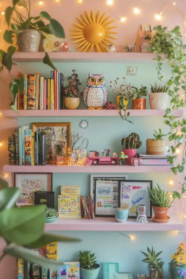 idée déco étagère style whimsical couleur palette pastel pare bleu ciel et rose maximalisme objets plantes livres cadres décoration murale moderne 