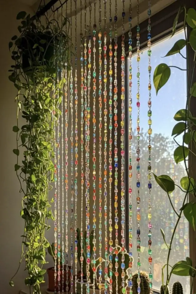 idée déco facile style whimsical rideau de perles et plantes suspendues pour décorer la fenêtre 
