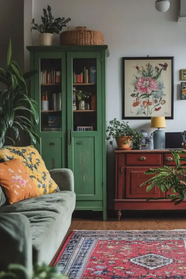 Salon ambiance whimsical nature meuble vitrine vert buffet en bois ancien tapis persan canapé velours vert plantes d'intérieur coussins colorés à motif botanique 