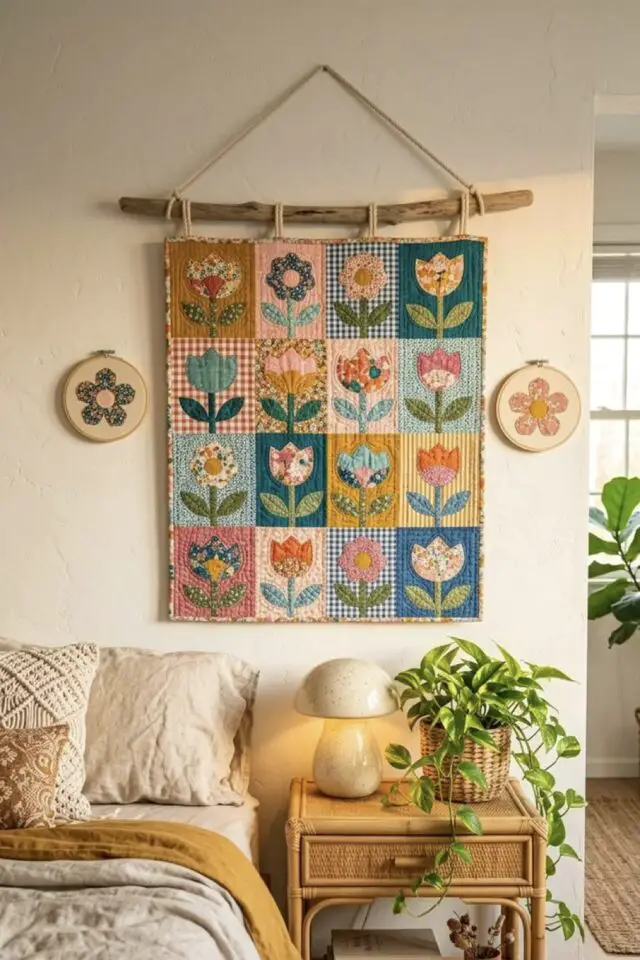 chambre décoration DIY patchwork fleur à suspendre tenture à faire soi-même déco murale loisirs créatifs 
