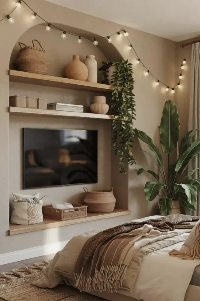 décoration chambre parentale mur TV dans une alcôve étagère ambiance bohème cosy  