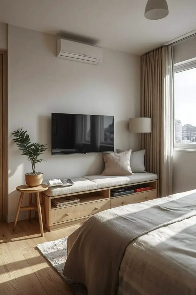 mur TV mural chambre cocooning idée décoration simple banquette coussin bloc clim 