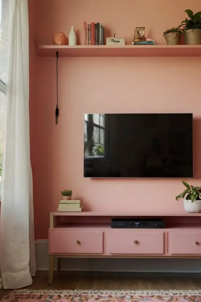 exemple décoration chambre colorée rose corail étagère et meuble peint en ton sur ton écran TV mural 