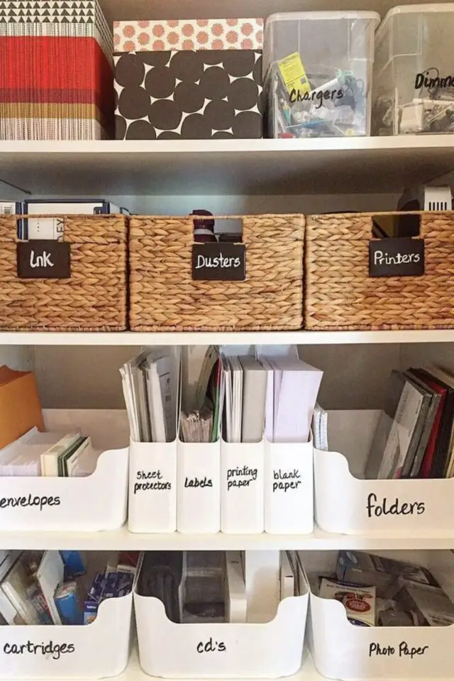 idée organisation bureau à domicile rangement placard boite transparente panier avec étiquette 