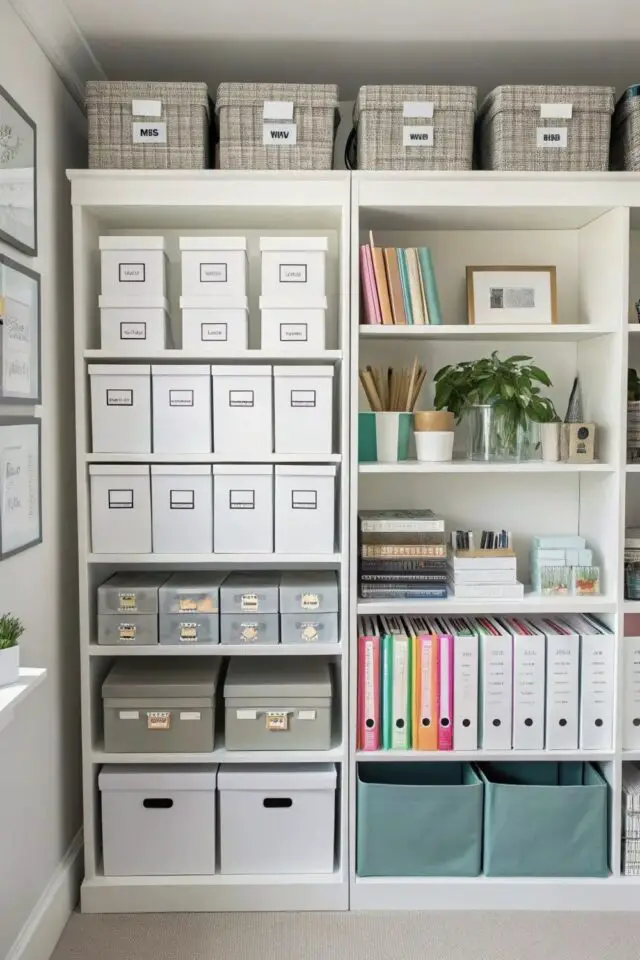 bureau à domicile pièce spécifique organisation rangement grand meuble ouverts avec botes blanches paniers tout étiqueté 