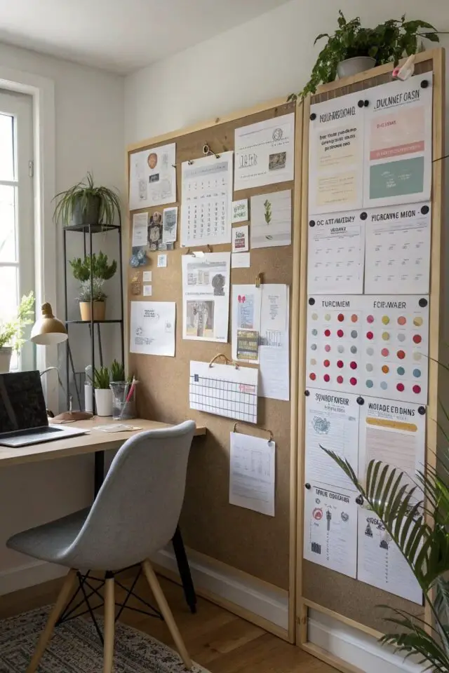 idée organisation bureau à la maison grand tableau en liège oiur épingler les projets professionnels pas encombrant tout devant les yeux 