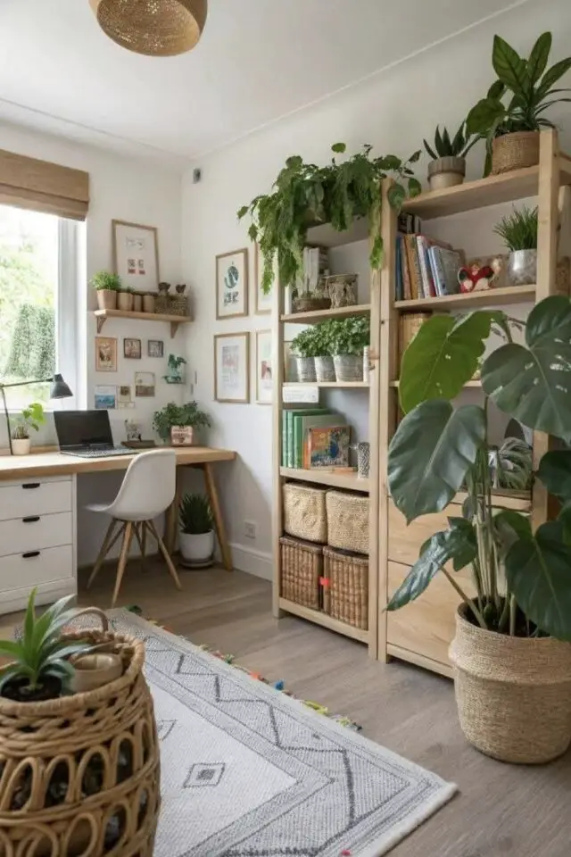 meuble de rangement en bois grande bibliothèque ouverte bureau à domicile plantes vertes cadre de travail agréable 