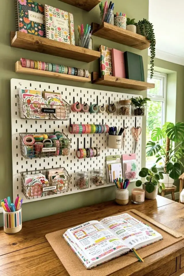 bureau créatif à domicile exemple organisation matériel pegboard pratique pour ranger petits objets idée facile à mettre en oeuvre 