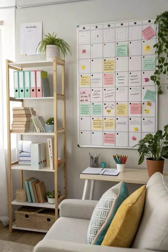 organiser bureau à la maison exemple espace pratique et productif tableau blanc étagères en bois avec classeurs colorés simple peu de place 