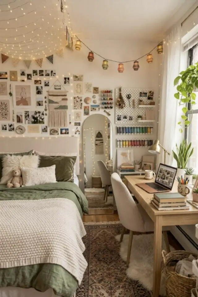 chambre étudiante déco aesthetic décoration murale photos tenture guirlande lumineuse et fanion miroir pegboard bureau en bois lit 2 places draps vert sauge ambiance chaleureuse et douillette chambre étudiante déco aesthetic décoration murale photos tenture guirlande lumineuse et fanion miroir pegboard bureau en bois lit 2 places draps vert sauge ambiance chaleureuse et douillette