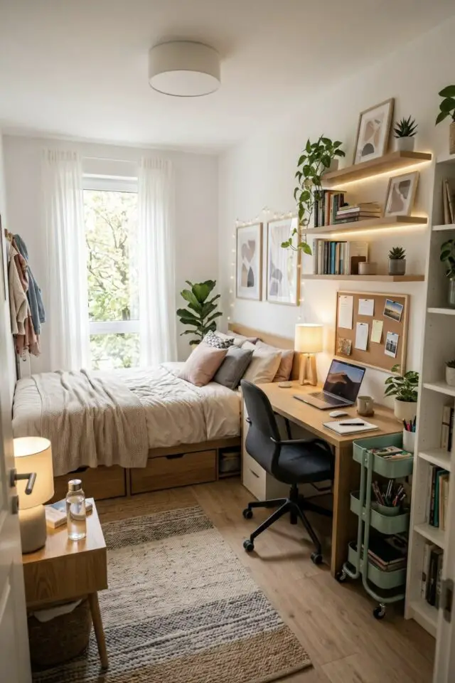 chambre étudiante 9m2 toute en longueur déco aesthertic chaleureuse mur blanc étagère et bureau en bois place du lit au fond de la pièce petit tapis chambre étudiante 9m2 toute en longueur déco aesthertic chaleureuse mur blanc étagère et bureau en bois place du lit au fond de la pièce petit tapis