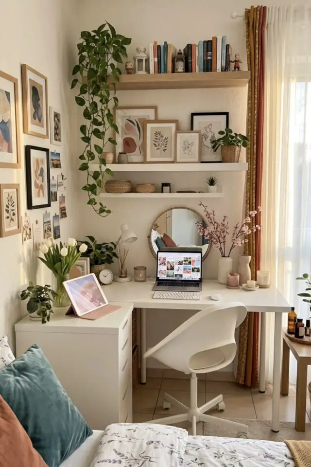 petite chambre étudiant coin aménagé bureau d'angle espace de travail et coiffeuse étagères murales cadres plante rideaux petite chambre étudiant coin aménagé bureau d'angle espace de travail et coiffeuse étagères murales cadres plante rideaux