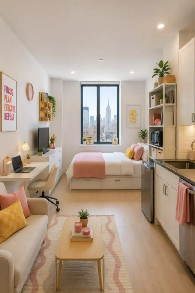 studio étudiant chambre cuisine canapé tout en longueur 15m2 lit avec tiroir étagères blanche commode avec TV petit tapis table basse en bois studio étudiant chambre cuisine canapé tout en longueur 15m2 lit avec tiroir étagères blanche commode avec TV petit tapis table basse en bois