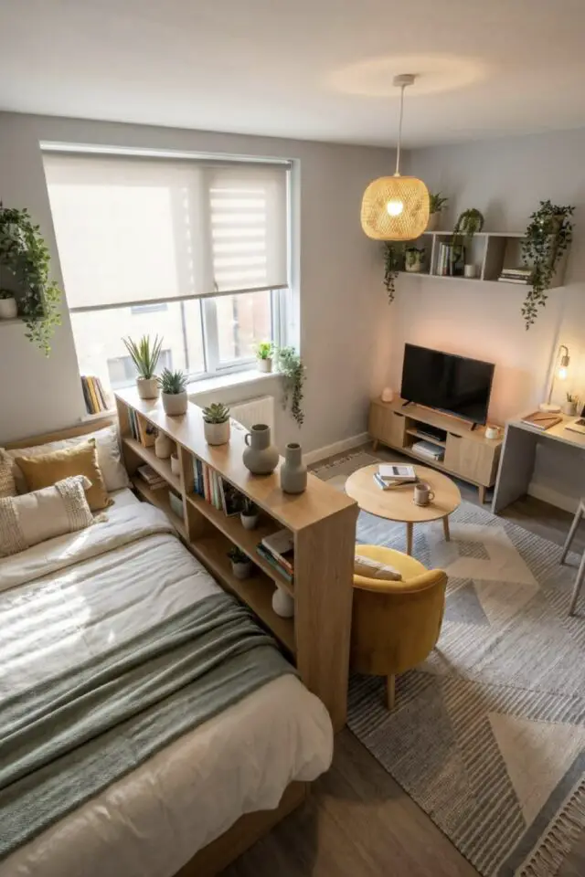 appartement étudiant aesthetic masculine store enrouleur meuble séparation lit salon petit bureau meuble TV en bois tapis appartement étudiant aesthetic masculine store enrouleur meuble séparation lit salon petit bureau meuble TV en bois tapis