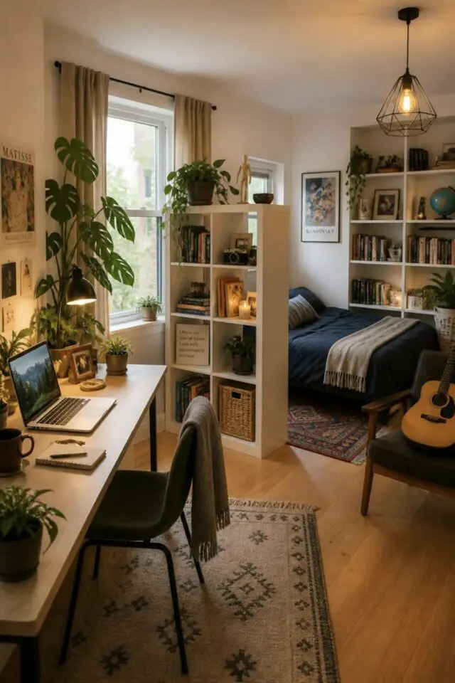 studio étudiant déco aesthetic meuble IKEA séparation chambre bureau rangement plantes étagères studio étudiant déco aesthetic meuble IKEA séparation chambre bureau rangement plantes étagères