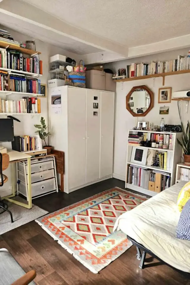 studio étudiant premier appartement canapé-lit convertible armoire blanche petite bibliothèque étagères murales bureau tapis déco éclectique studio étudiant premier appartement canapé-lit convertible armoire blanche petite bibliothèque étagères murales bureau tapis déco éclectique