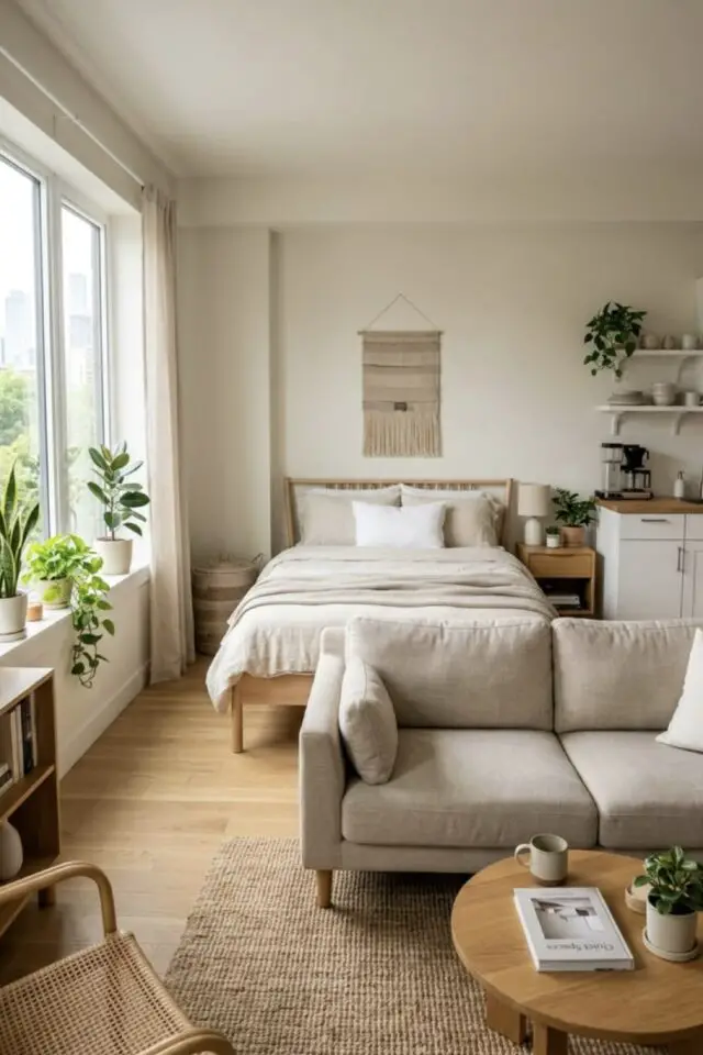 appartement étudiant studio aesthetic simple et épurée cuisine blanche et plan de travail bois lit 2 personnes canapé beige plantes vertes table basse ronde appartement étudiant studio aesthetic simple et épurée cuisine blanche et plan de travail bois lit 2 personnes canapé beige plantes vertes table basse ronde