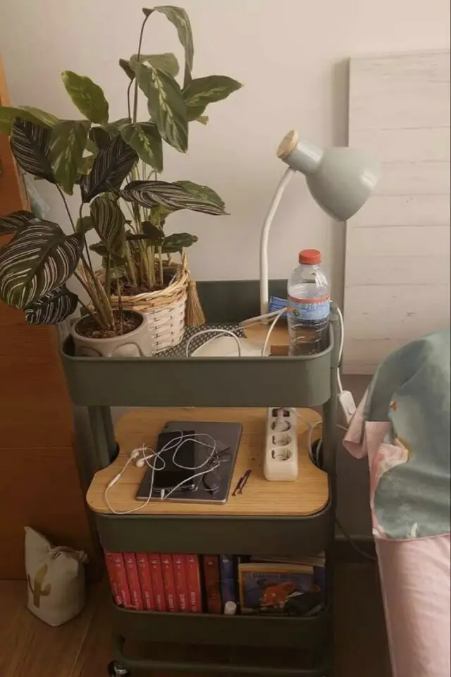 rangement malin chambre étudiante desserte IKEA en métal en guise de table de chevet lampe de bureau plantes rallonge électrique livres idée pas cher aesthetic rangement malin chambre étudiante desserte IKEA en métal en guise de table de chevet lampe de bureau plantes rallonge électrique livres idée pas cher aesthetic