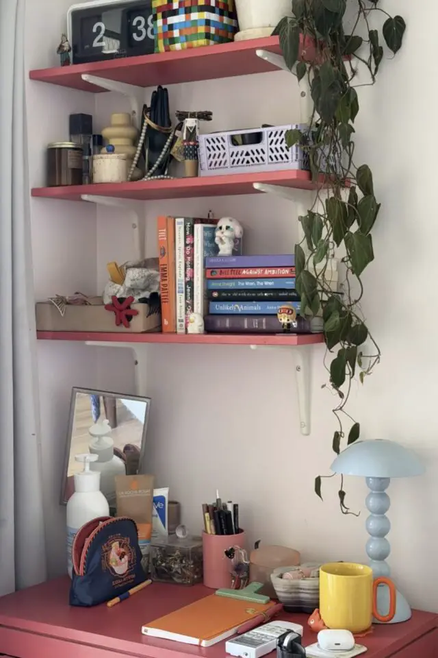appartement chambre studio étudiant touche de couleurs facile étagères et commode peintes rose terracotta livre rangement plante lampe à poser bleue appartement chambre studio étudiant touche de couleurs facile étagères et commode peintes rose terracotta livre rangement plante lampe à poser bleue
