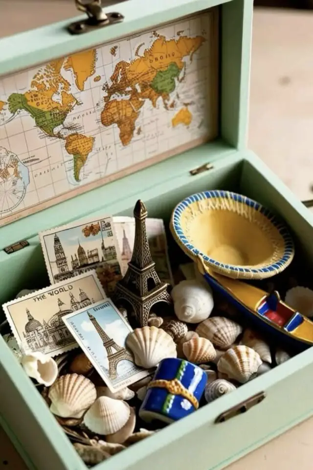 souvenirs de vacances et de voyages rangement dans une boîte à souvenir décorée petite tour Eiffel coquillages cendrier en poterie timbres souvenirs souvenirs de vacances et de voyages rangement dans une boîte à souvenir décorée petite tour Eiffel coquillages cendrier en poterie timbres souvenirs